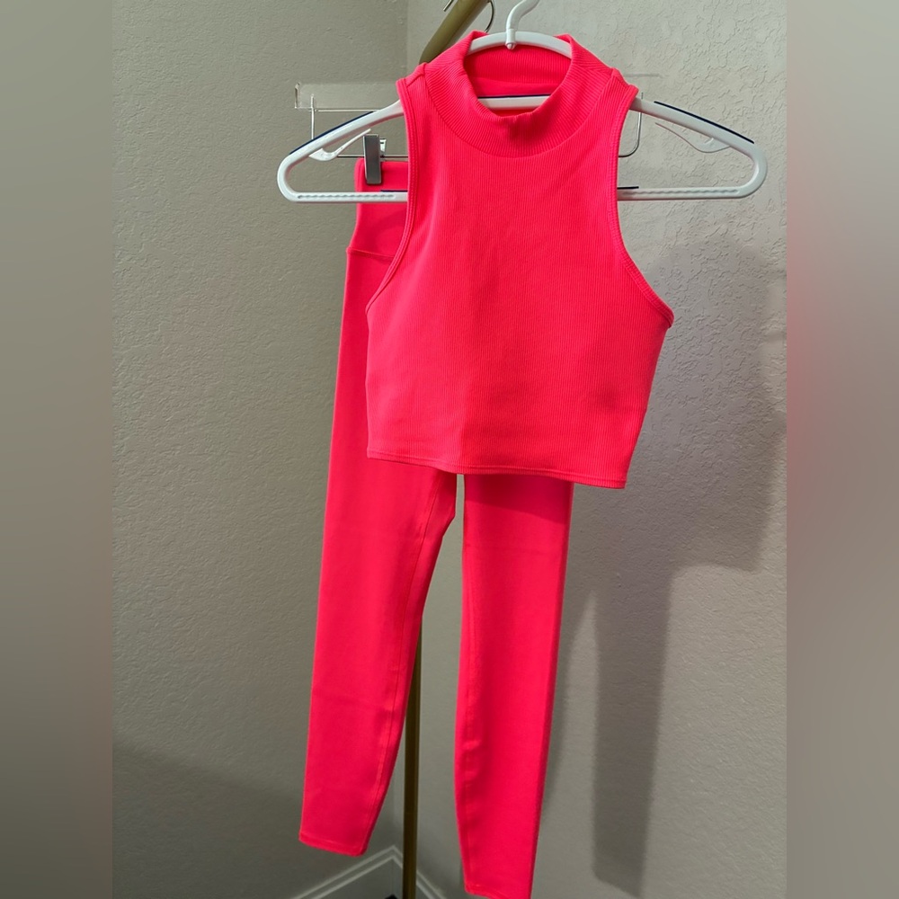 ALO Yoga Neon Pink Ribbed High-Neck Crop Top & Leggings Set